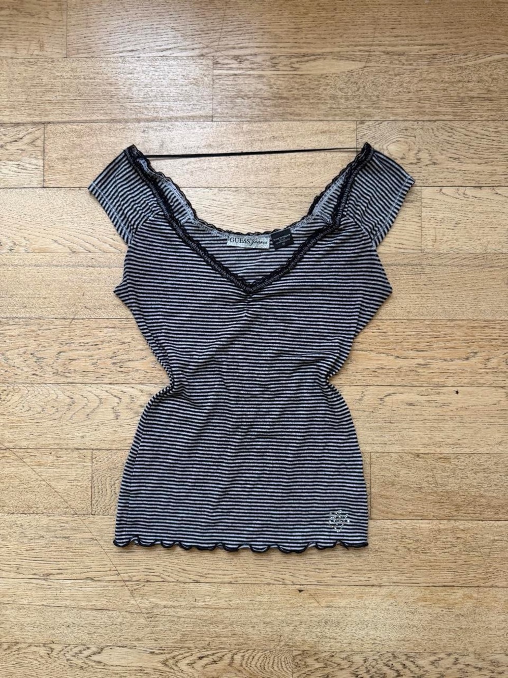 Y2K Guess Jeans Striped Lace Trim Top 2000s Grunge Baby Tee